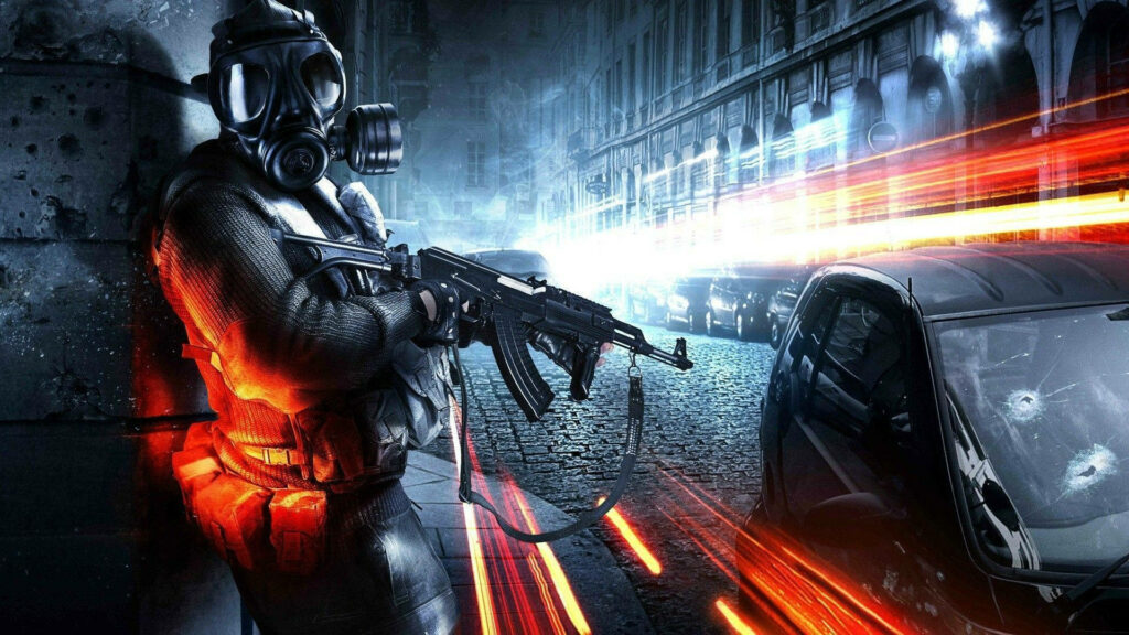 In the Trenches: Futuristic Warrior amidst Chaos - Gaming Laptop's Majestic Battlefield 3 Tribute Wallpaper