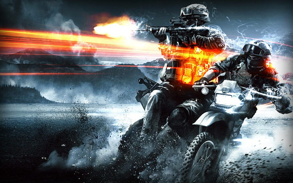 Dynamic Battlefield 3 Wallpaper: Soldiers on Motorcycle Amidst Gunfire