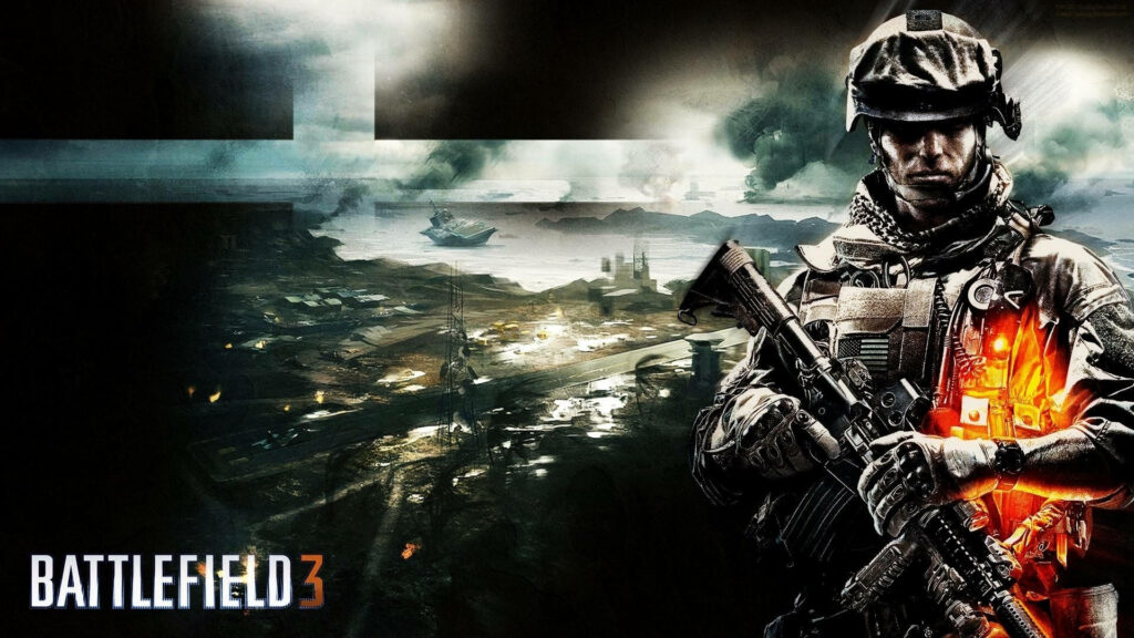 Intense Battlefield 3 Wallpaper: Armed Soldier in War-Torn Scene