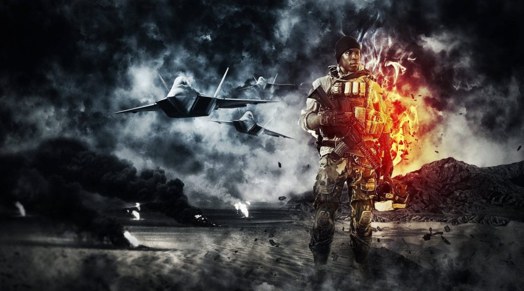 Battlefield 3 soldier in desert combat with F-22 jets and explosive war background 4K art Wallpaper