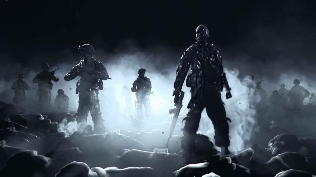 Soldiers in intense battle scene with foggy backdrop - Call of Duty style wallpaper