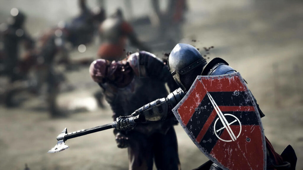Blood-soaked Clash of Mercenary Warriors: Axe Decapitation in Epic Mordhau Showdown Wallpaper