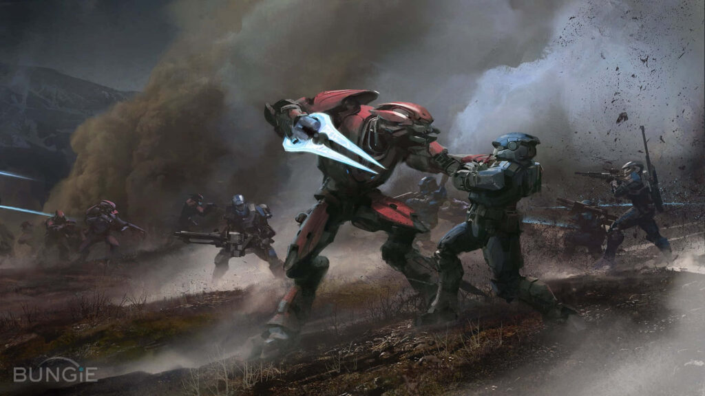 Explosive Halo Warfare: A Stunning Wallpaper of Battle-Ready Soldiers amidst Explosive Chaos