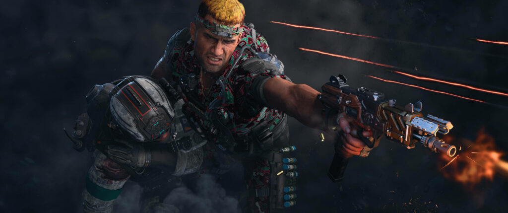 Intense Call of Duty Black Ops 4 Soldier in Action with Gunfire Wallpaper