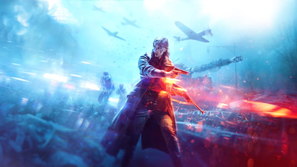 Battlefield V cinematic wallpaper Hanna with pistol in intense WW2 combat scene 4K digital art