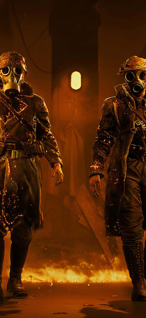World War II soldiers in gas masks on fiery battlefield - Battlefield V image Wallpaper
