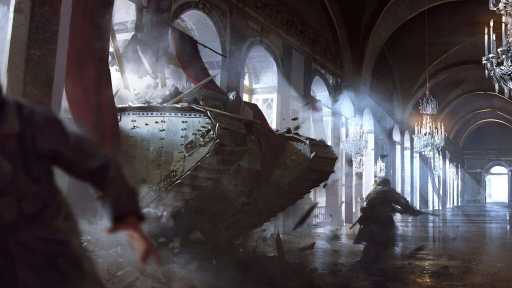 Battlefield V Soldier in Intense Battle Scene amidst War-Torn Building - Dynamic Wallpaper Displaying Chaos and Destruction