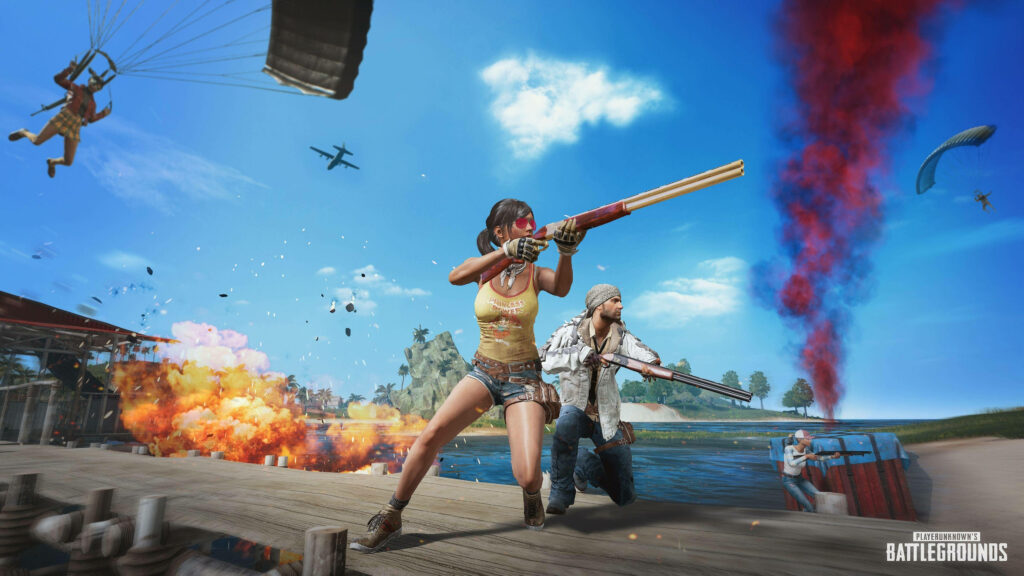 Battle-Ready Heroes Engaging in Intense Firefight at a Blazing Pier - Epic Pubg HD Background Shot Wallpaper