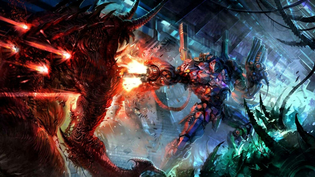 Apocalyptic Clash: Demon and Bionic Robot Battle for Supremacy in Epic Wallpaper