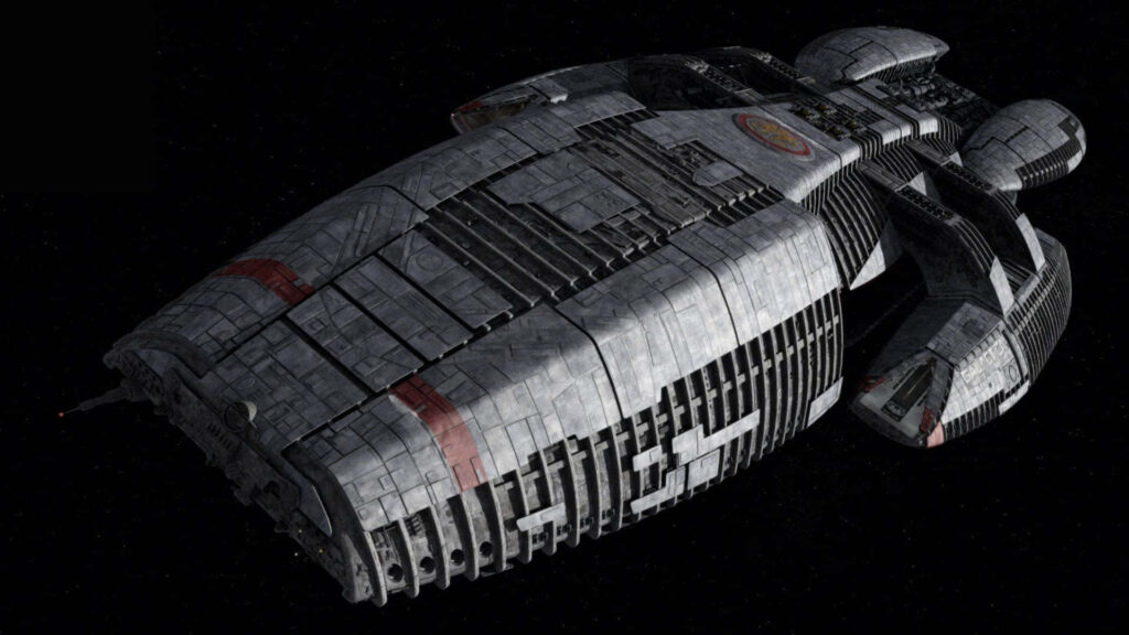 Battlestar Galactica spacecraft flying through dark space with rugged metallic details wallpaper