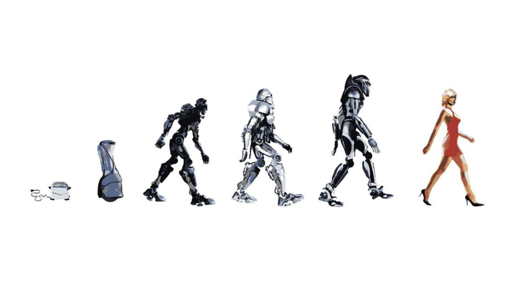 Battlestar Galactica wallpaper showing Cylon evolution from machines to Number Six in red dress