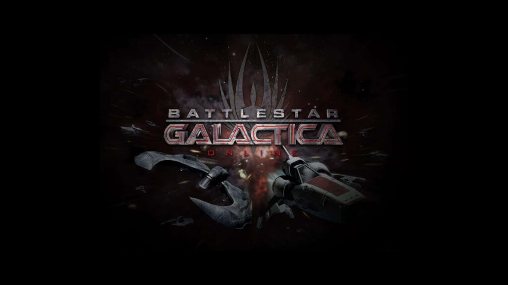 Dramatic Battlestar Galactica dark wallpaper with series logo smoky space background and starship fragments