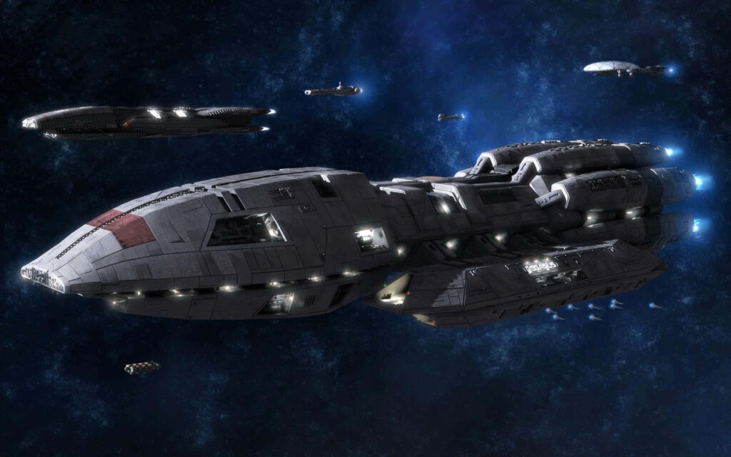 Battlestar Galactica fleet gliding through starry deep space cosmic backdrop wallpaper