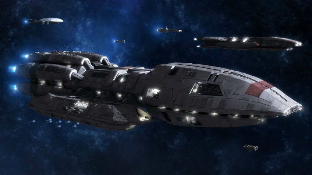 Battlestar Galactica fleet soaring through deep space with illuminated metal ships and stars background Wallpaper