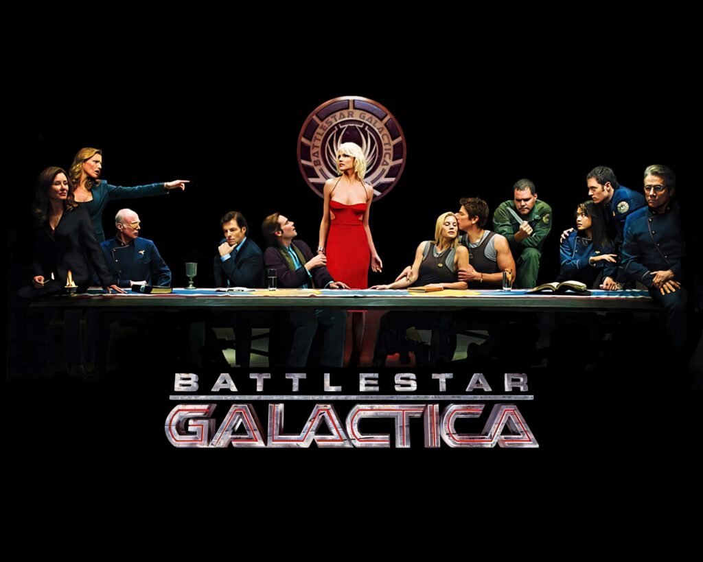 Battlestar Galactica HD poster with main characters around table and emblem background wallpaper