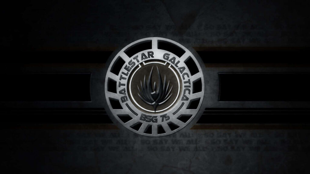 Sleek gray Battlestar Galactica logo on dark textured background iconic series wallpaper