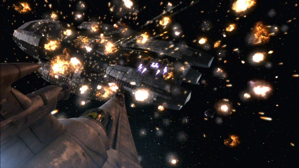 Battlestar Galactica spaceship explosion with flying debris in deep space dramatic wallpaper