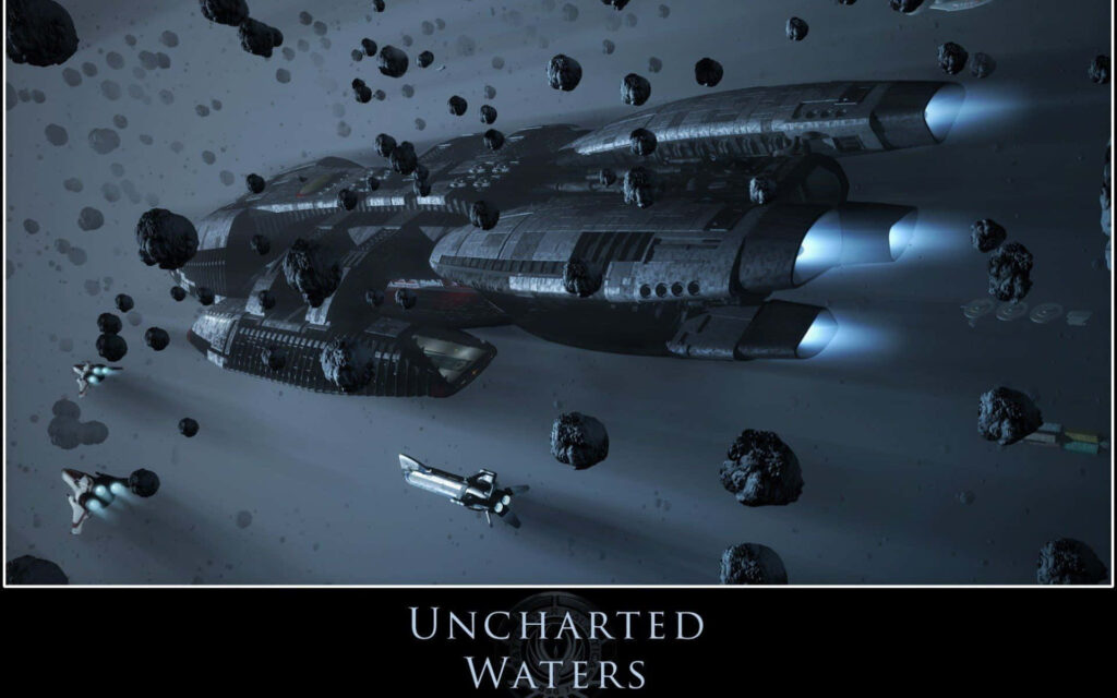 Battlestar Galactica starship navigating dense asteroid field wallpaper background space adventure