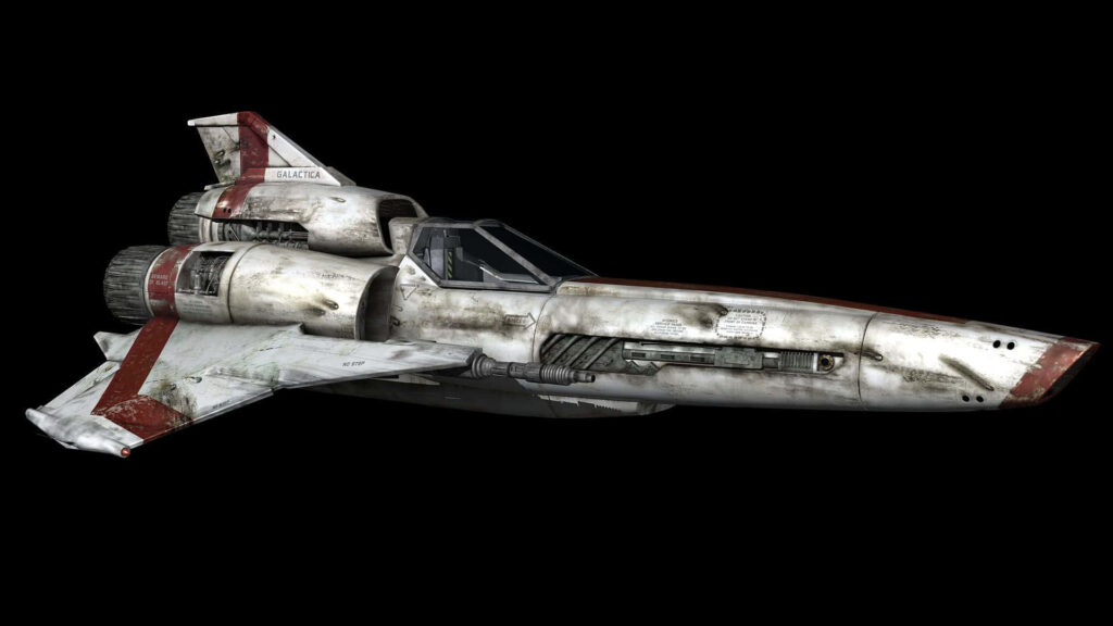 Battlestar Galactica wallpaper featuring detailed white Viper Mark II starfighter on dark backdrop