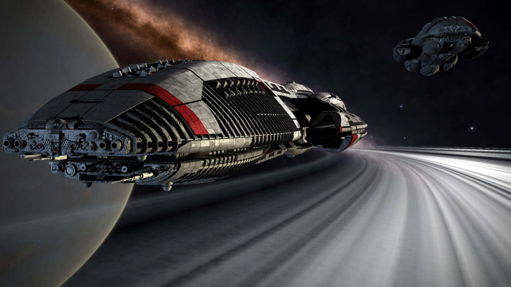 Battlestar Galactica starships soaring over distant planet rings preparing for deep space destiny Wallpaper