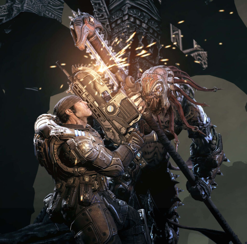 Gears of War 5: Armored soldier battles monstrous creature in intense standoff - Dramatic combat scene in detailed wallpaper background