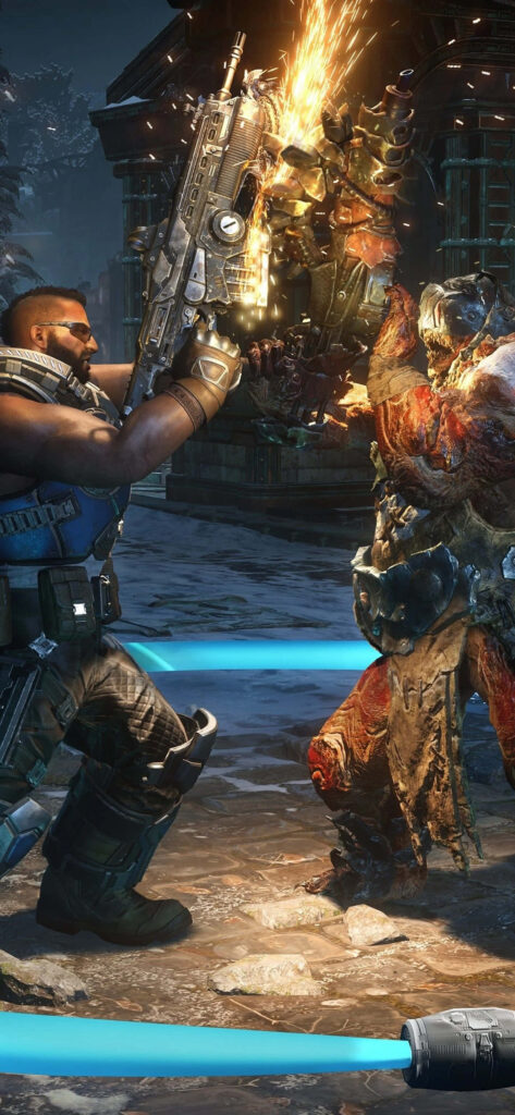 Intense Gears of War 5 Combat: Muscular Warrior vs Monstrous Adversary in War-Torn Setting Wallpaper