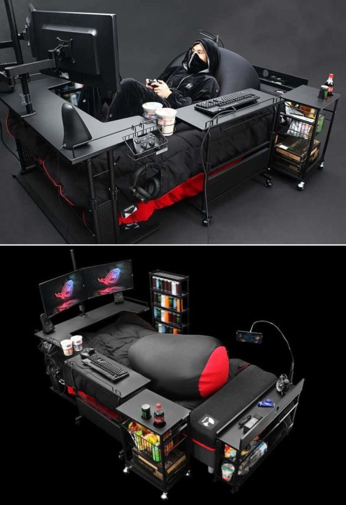 Bauhutte gaming bed wallpaper with black red modular design ROG monitors keyboards snack shelves
