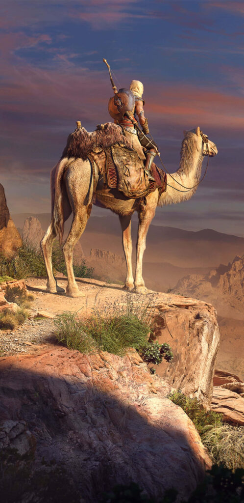 Bayek from Assassin's Creed Origins riding camel in rugged desert at dramatic sunset digital art Wallpaper