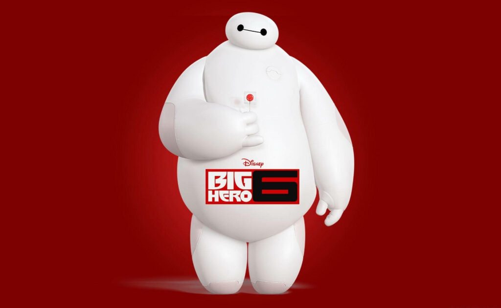 Baymax from Big Hero 6 holds a lollipop against red background cheerful playful wallpaper