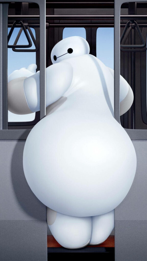 Baymax stuck between train doors looking back with friendly expression playful wallpaper background