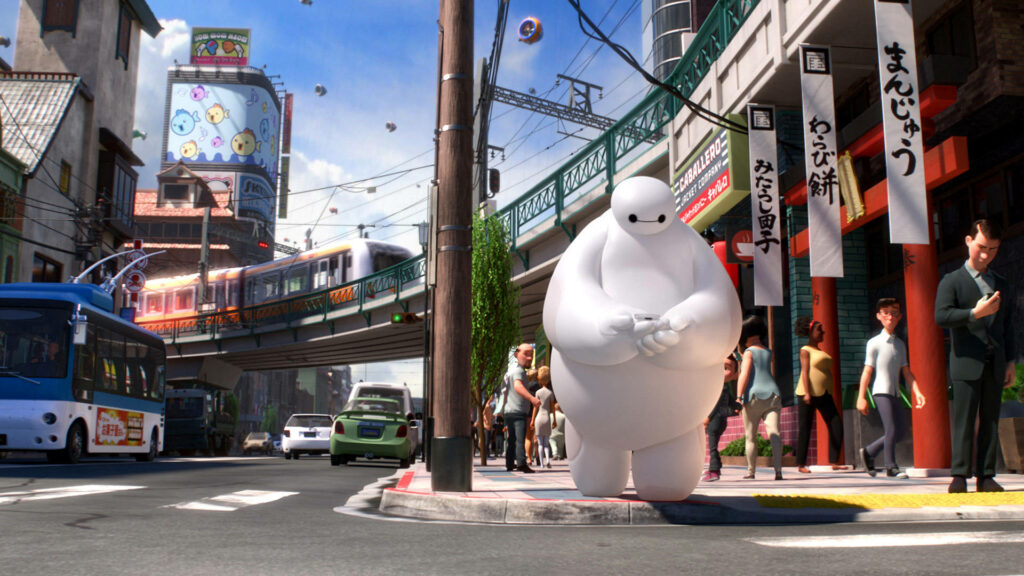Baymax Wallpaper: Vibrant Urban Scene on Bustling Street Corner