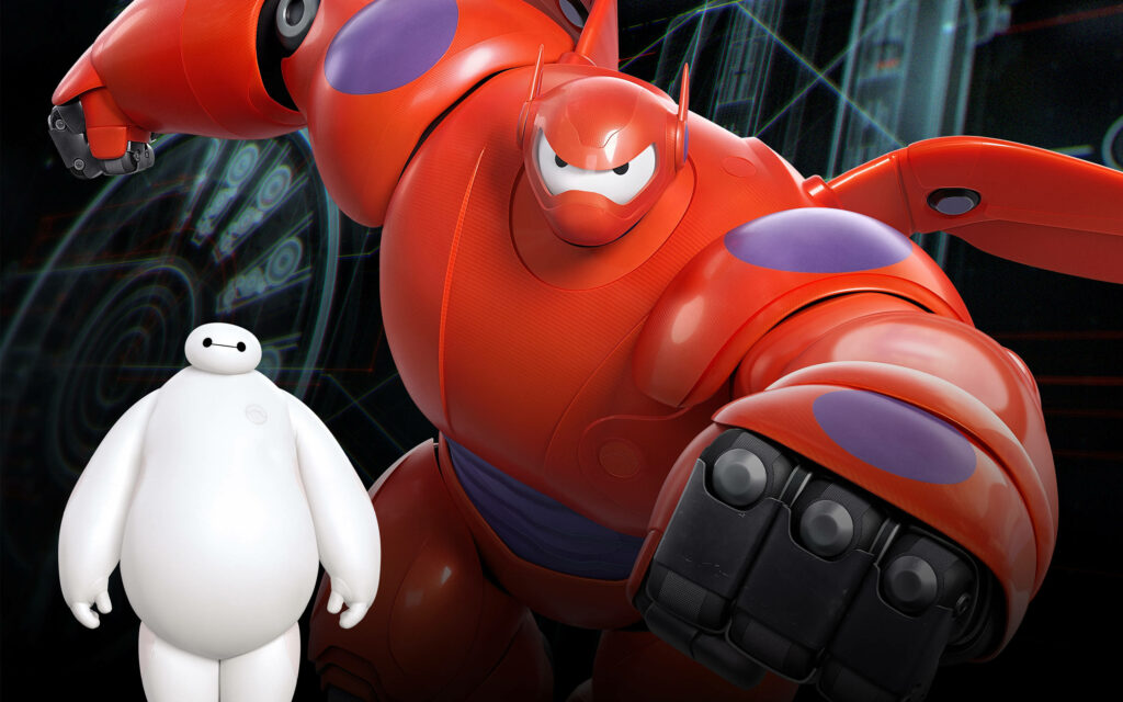 Baymax white healthcare form and red armored version on high tech digital wallpaper background