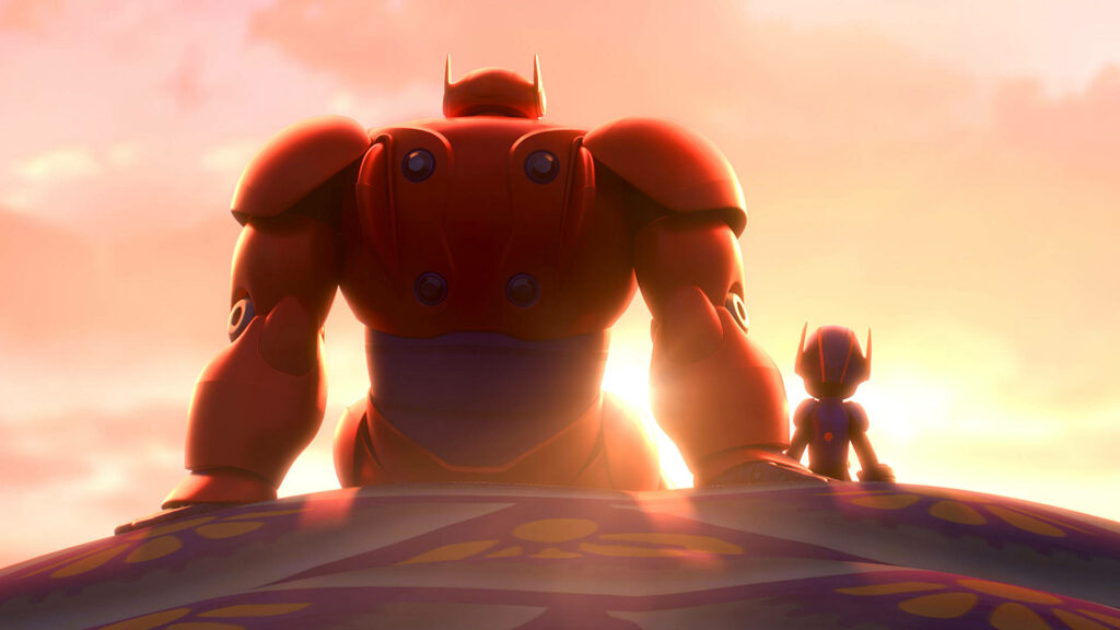 Baymax and Hiro sitting on rooftop watching sunset peaceful moment heartwarming wallpaper