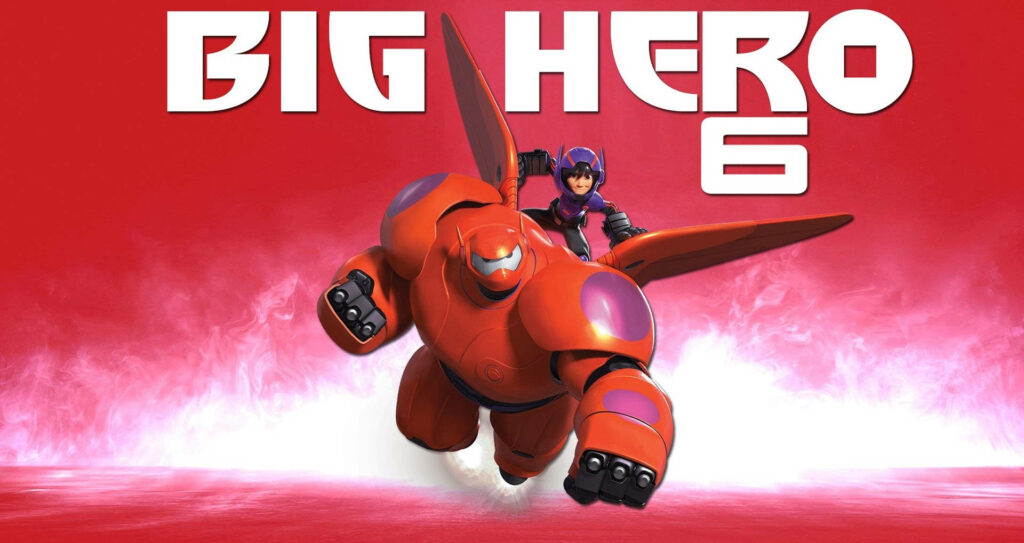 Baymax and Hiro in battle suits on red background Big Hero 6 action wallpaper background