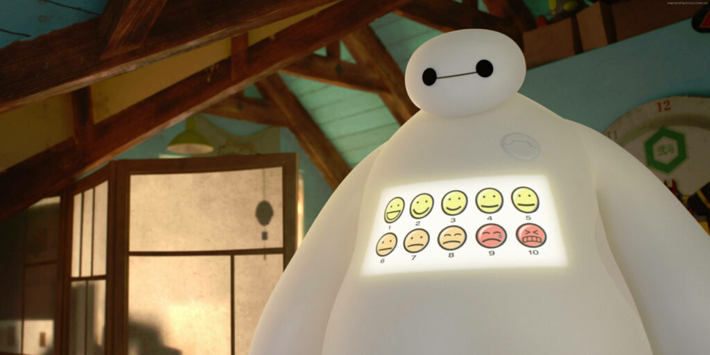 Baymax's Emoticon Pain Test: Heartwarming Scene from *Big Hero 6* Wallpaper