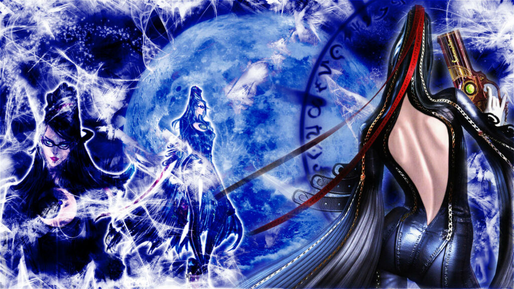 Bayonetta in blue outfit using mystical powers with glowing moon and ethereal energy background Wallpaper
