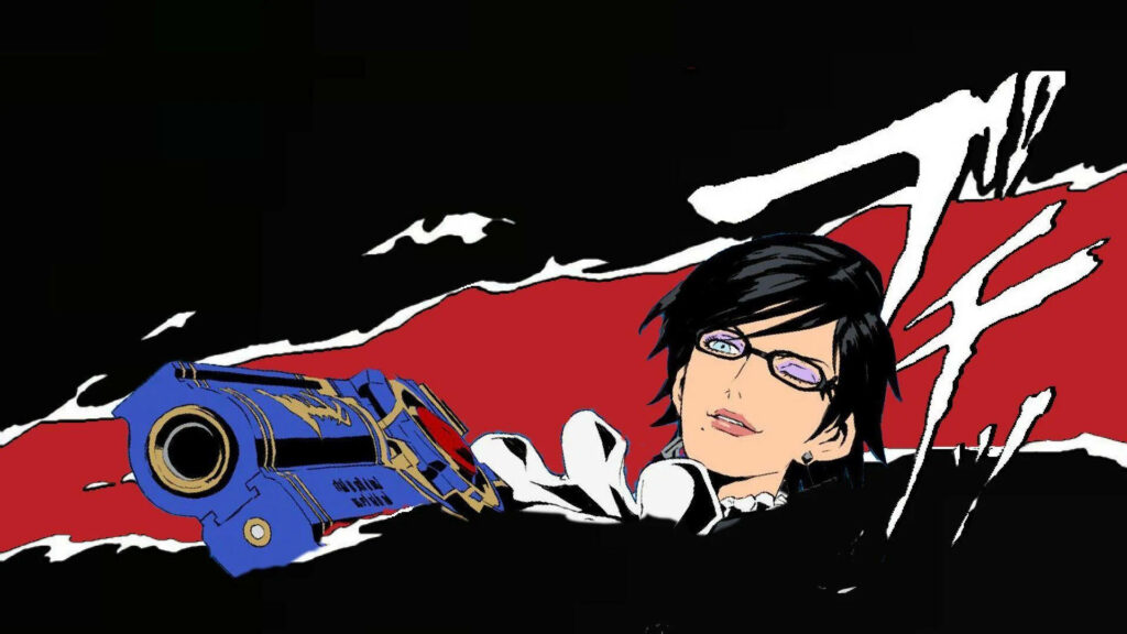 Bayonetta comic style wallpaper with signature glasses and blue gun on bold black red background