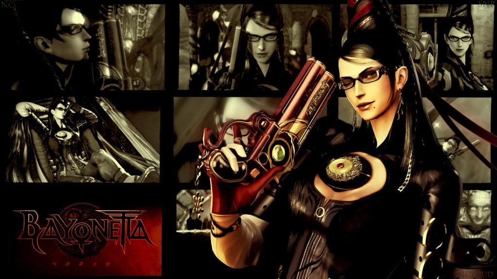 Bayonetta dark collage wallpaper featuring iconic poses guns stylish attire moody background