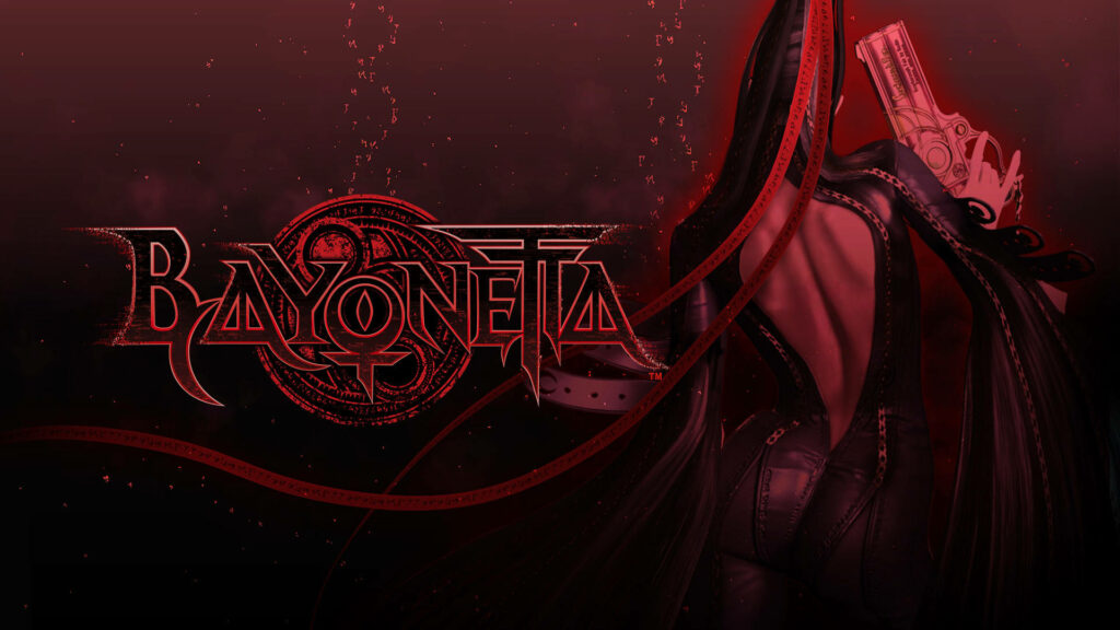 Bayonetta wallpaper dark red theme iconic silhouette weapon dramatic moody background