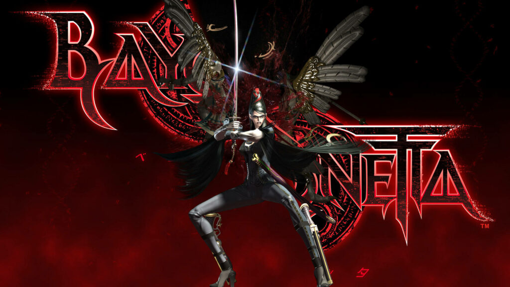 Bayonetta in fierce battle pose with dual swords on red black background with Bayonetta logo Wallpaper