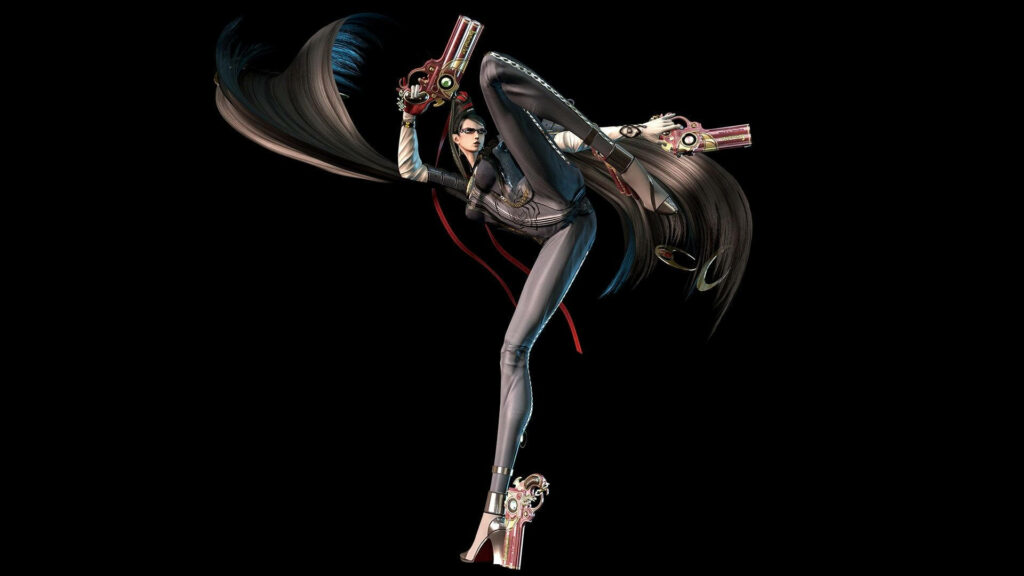 Bayonetta in dynamic fighting pose wielding iconic pistols black background wallpaper image