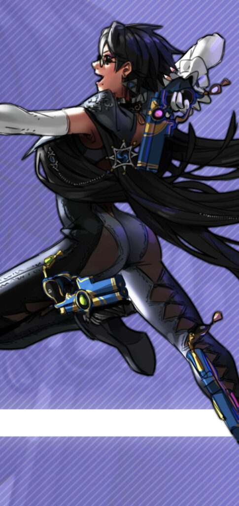Bayonetta in dynamic pose with iconic weapons on vibrant purple background wallpaper