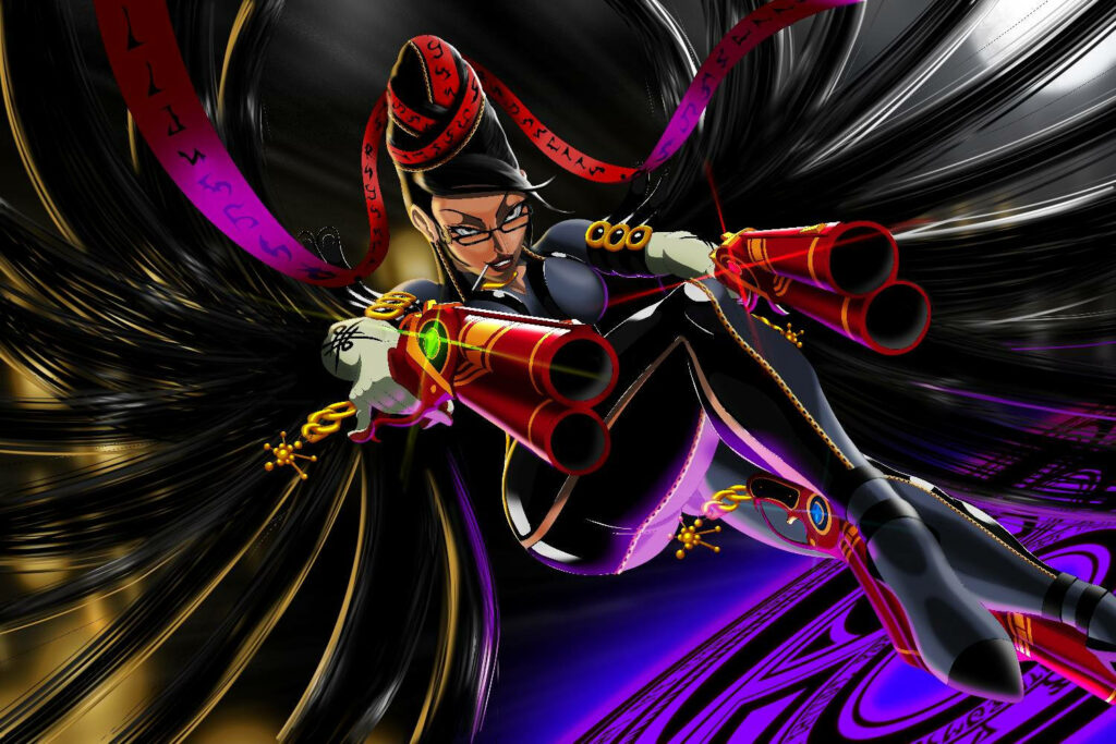Bayonetta dynamic pose with iconic guns swirling vibrant background bold fearless style wallpaper