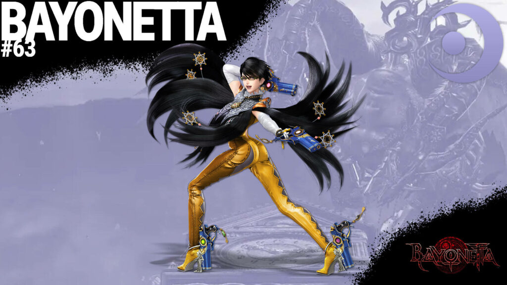 Bayonetta in dynamic pose wearing yellow pants holding dual pistols against game background Wallpaper