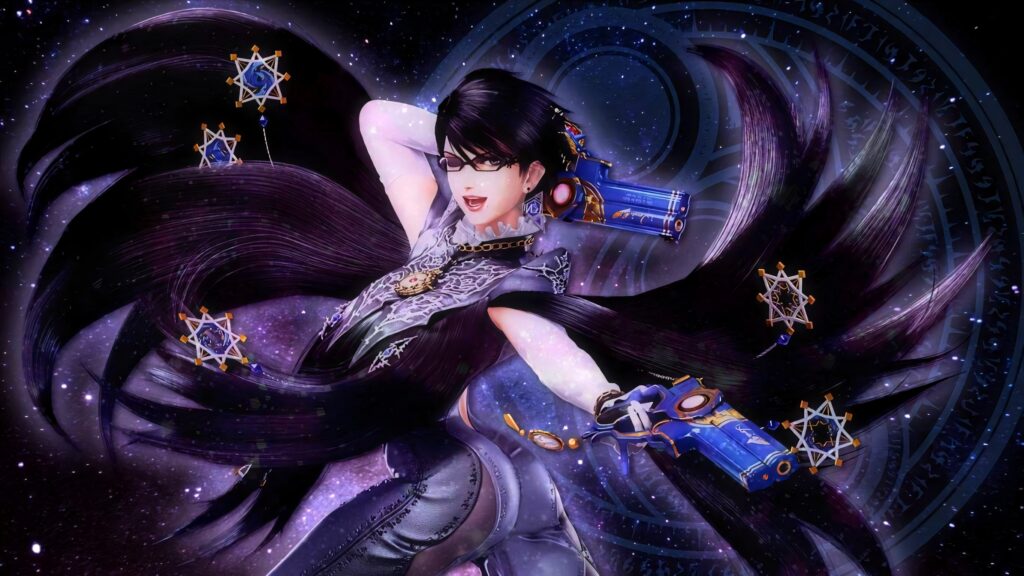 Bayonetta dynamic pose with guns swirling hair glowing stars cosmic background wallpaper