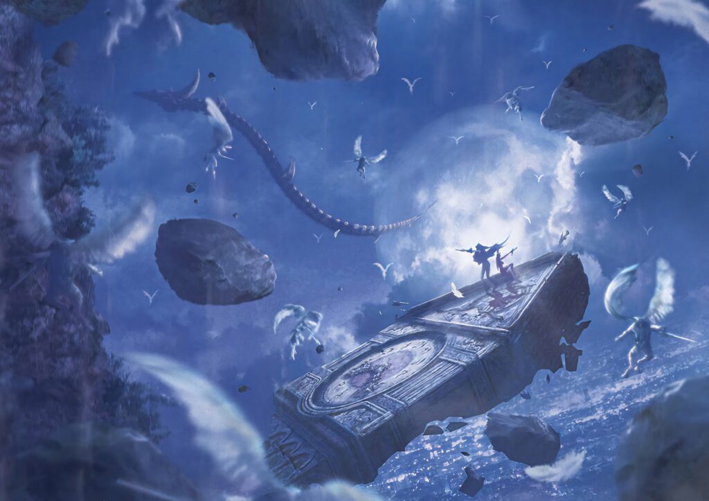 Bayonetta on crumbling clock tower in moonlit sky with angelic figures and flying debris wallpaper