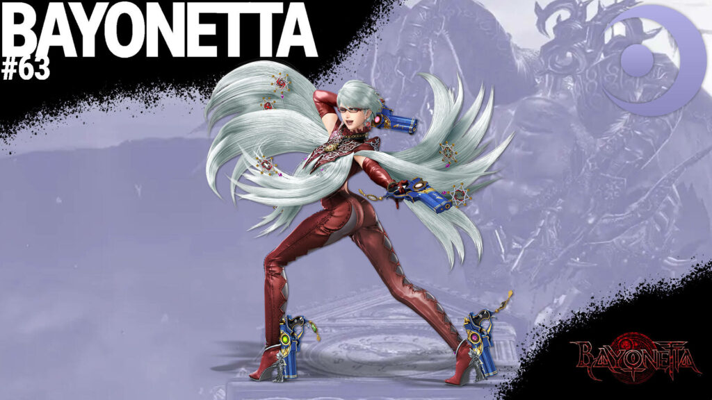 Bayonetta with gray hair in stylish pose wielding blue guns against dramatic artistic background Wallpaper