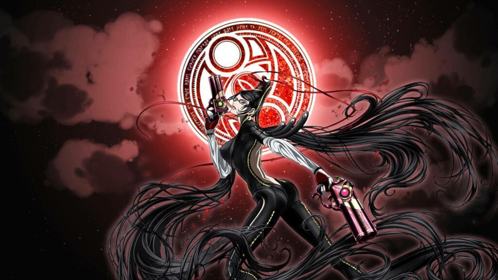 Bayonetta under glowing red moon with swirling dark clouds and flowing black hair wallpaper