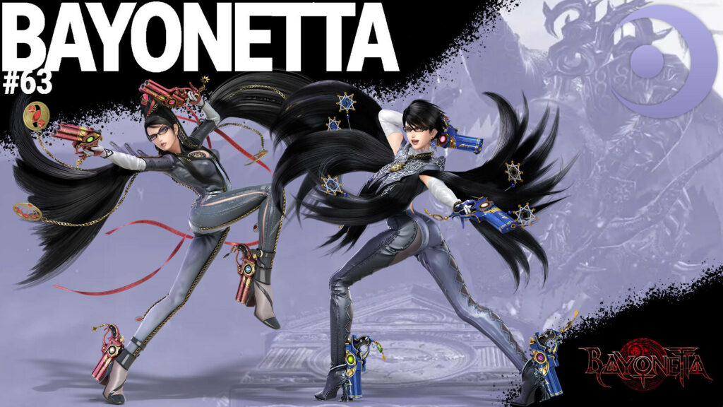 Bayonetta wallpaper with dynamic poses long black hair stylish outfits dual-wielded guns logo