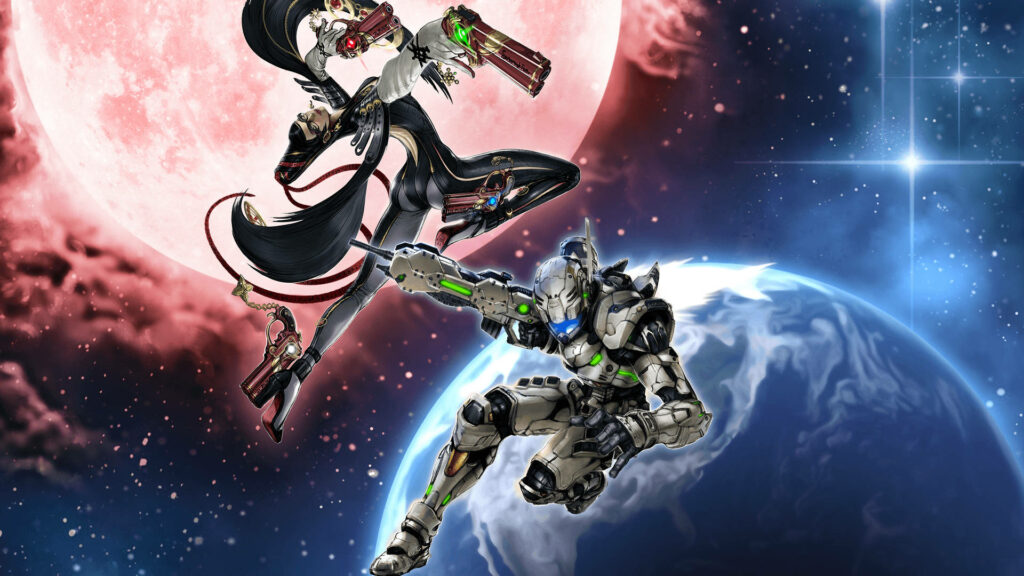 Bayonetta and Vanquish in dynamic pose with glowing moon Earth and space wallpaper background